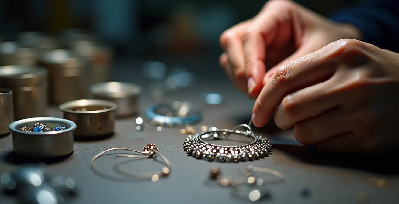 Gros plan sur les mains d'une créatrice de bijoux travaillant sur une pièce avec outils et matériaux