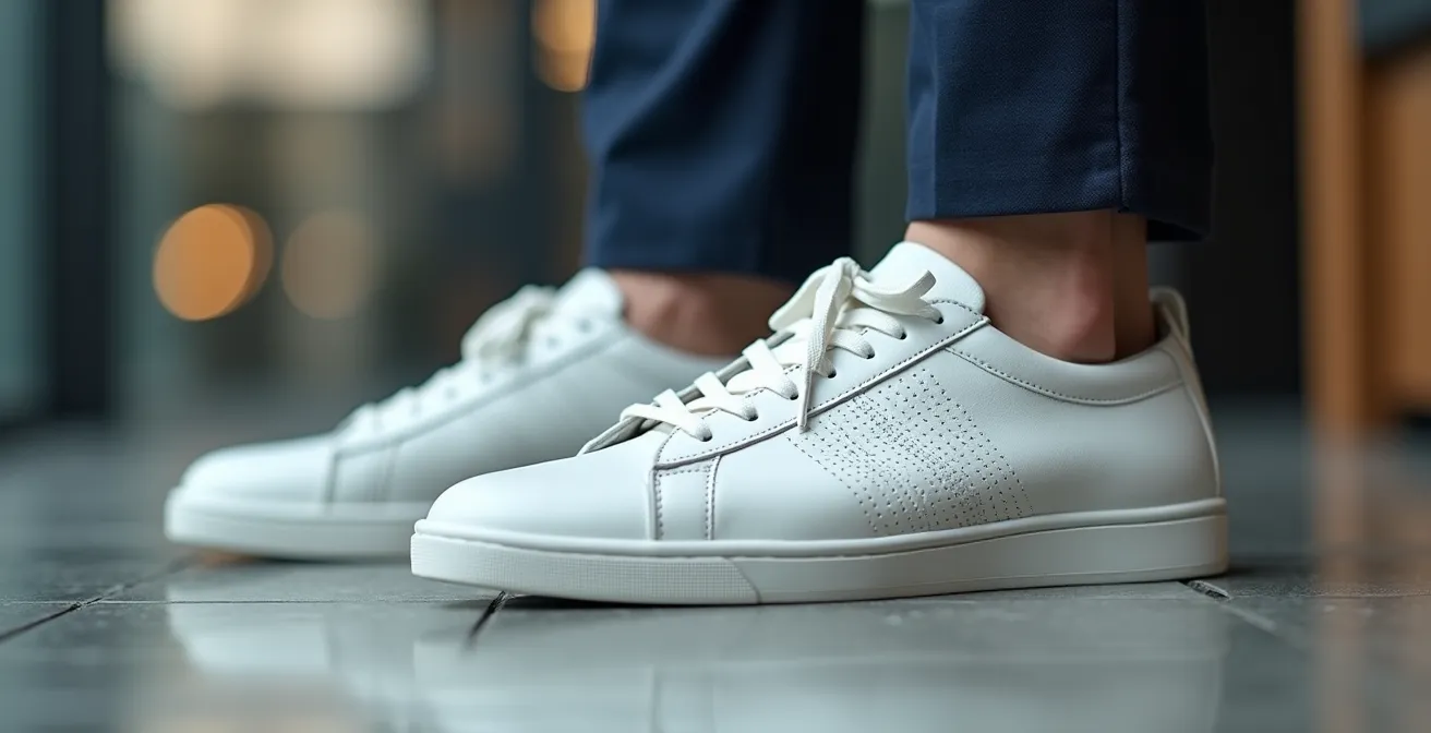 Gros plan sur des baskets en cuir blanc portées avec un pantalon de costume dans un bureau moderne