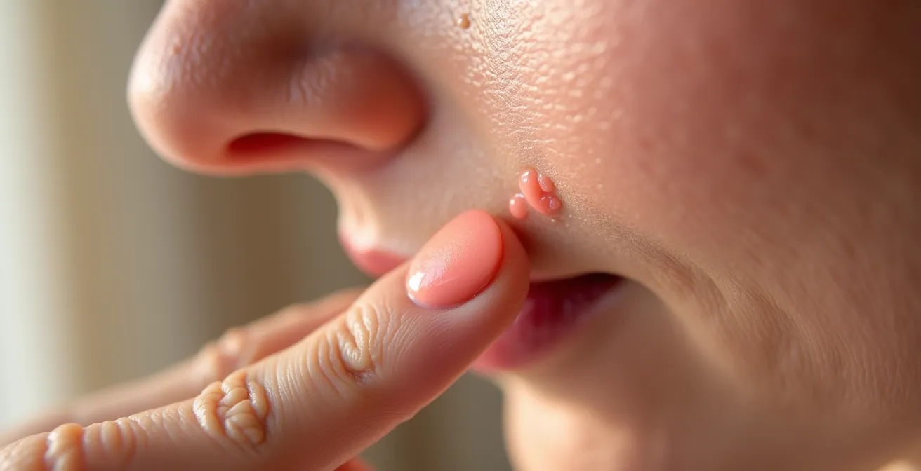 Main appliquant délicatement un blush crème sur la pommette d'une femme de 45 ans au teint lumineux