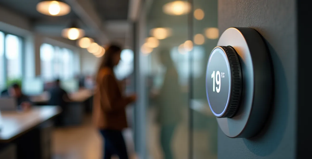 Bureau moderne avec panneaux solaires et isolation visible, équipe travaillant dans un environnement économe en énergie