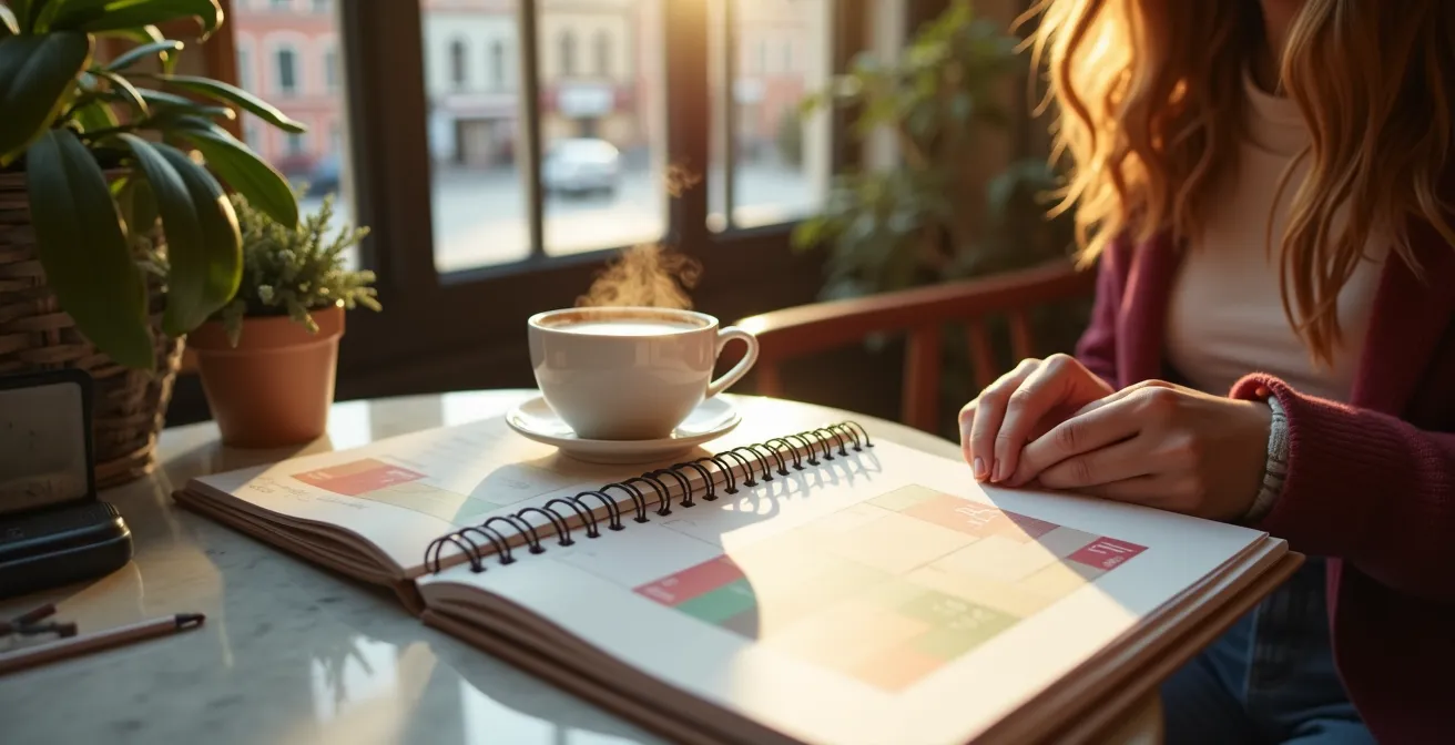 Vue plongeante d'une table de café avec carnet de planification et tasse de café belge