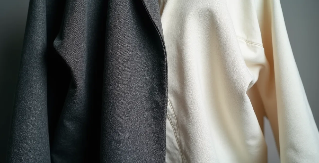 Gros plan sur deux textures de tissus montrant la différence de qualité entre fast fashion et haute couture belge