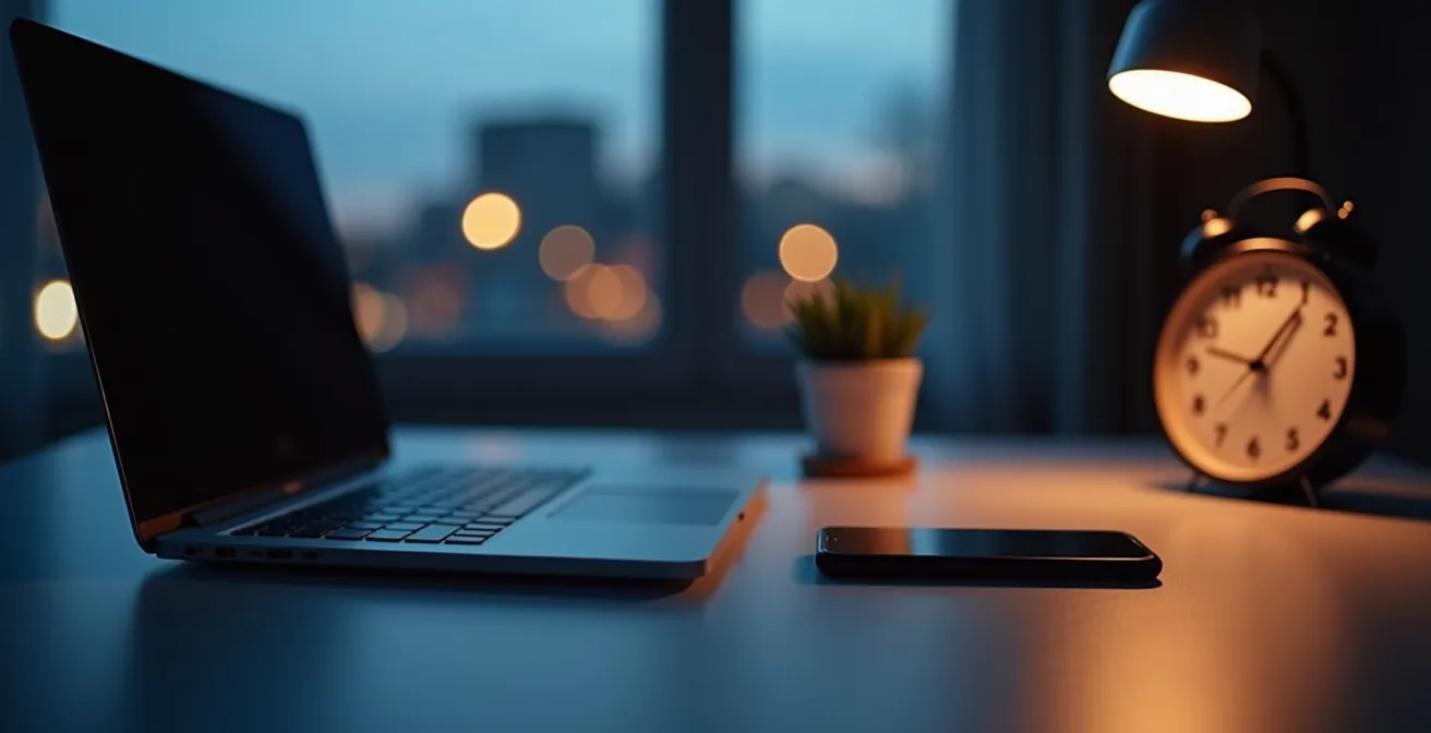 Bureau moderne avec ordinateur éteint et smartphone retourné symbolisant la déconnexion