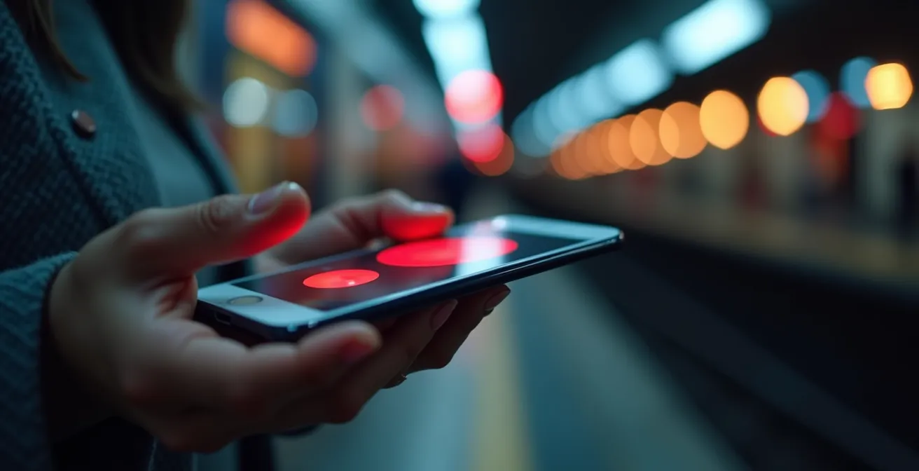 Main tenant un smartphone montrant une interface d'urgence floue, fond d'une station de métro bruxelloise le soir