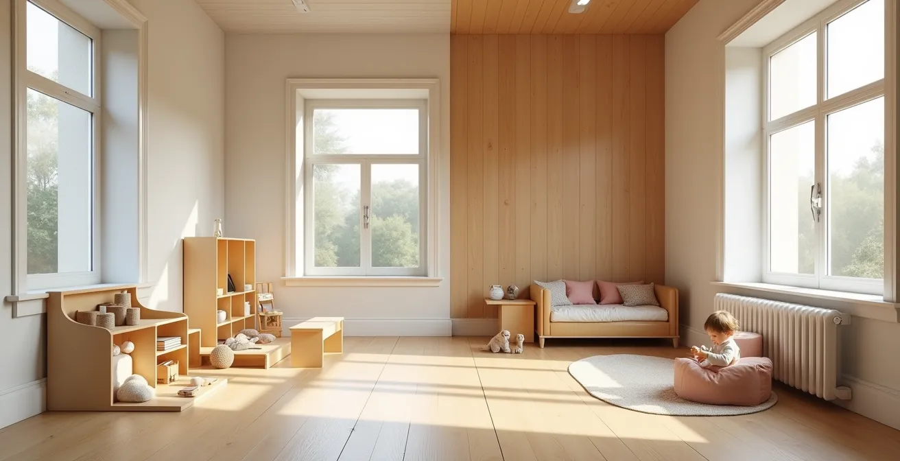 Vue en plongée d'un espace de crèche collective spacieux avec zones calmes et un coin accueillant intime