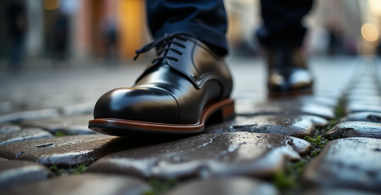 Vue macro détaillée de chaussures élégantes sur pavés belges typiques