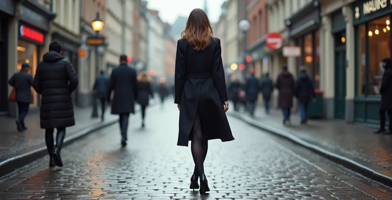 Vue de dos d'une femme marchant avec assurance sur des pavés typiques belges, posture parfaite