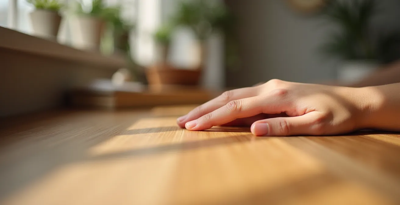 Gros plan sur la texture apaisante d'un bureau en bois dans un cabinet de psychologie