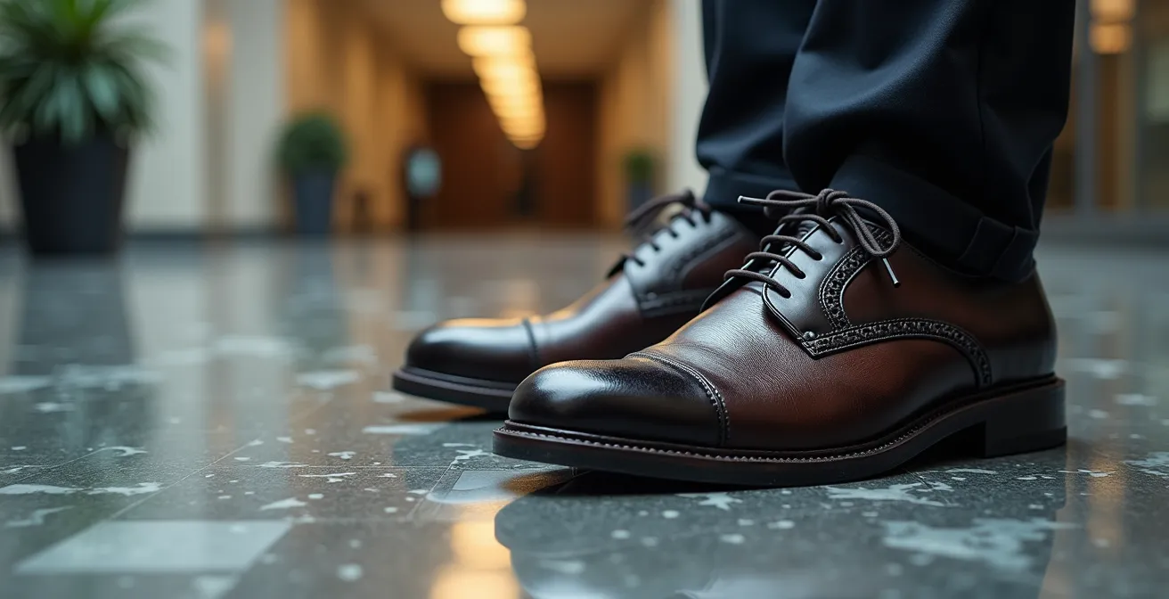 Gros plan sur des chaussures de ville élégantes avec des semelles en gomme robustes, posées sur un sol en marbre humide.