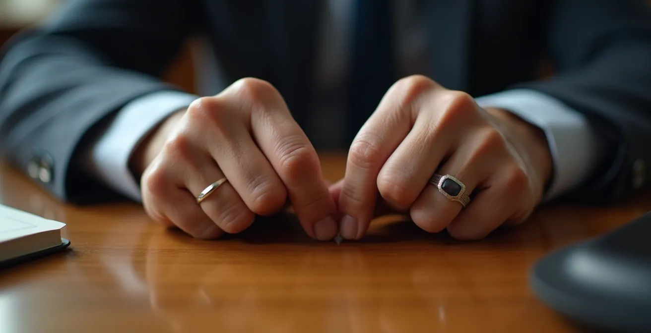 Détail macro de mains crispées sur un bureau révélant la tension du dirigeant