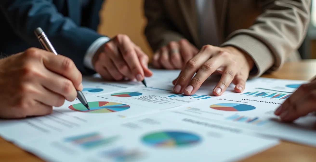 Vue macro sur des mains diverses collaborant autour d'une table de travail