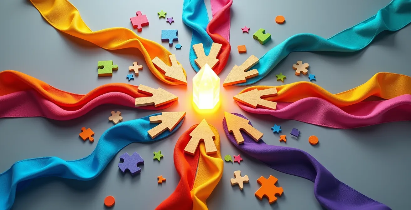 Composition symbolique montrant différents chemins créatifs menant au développement informatique