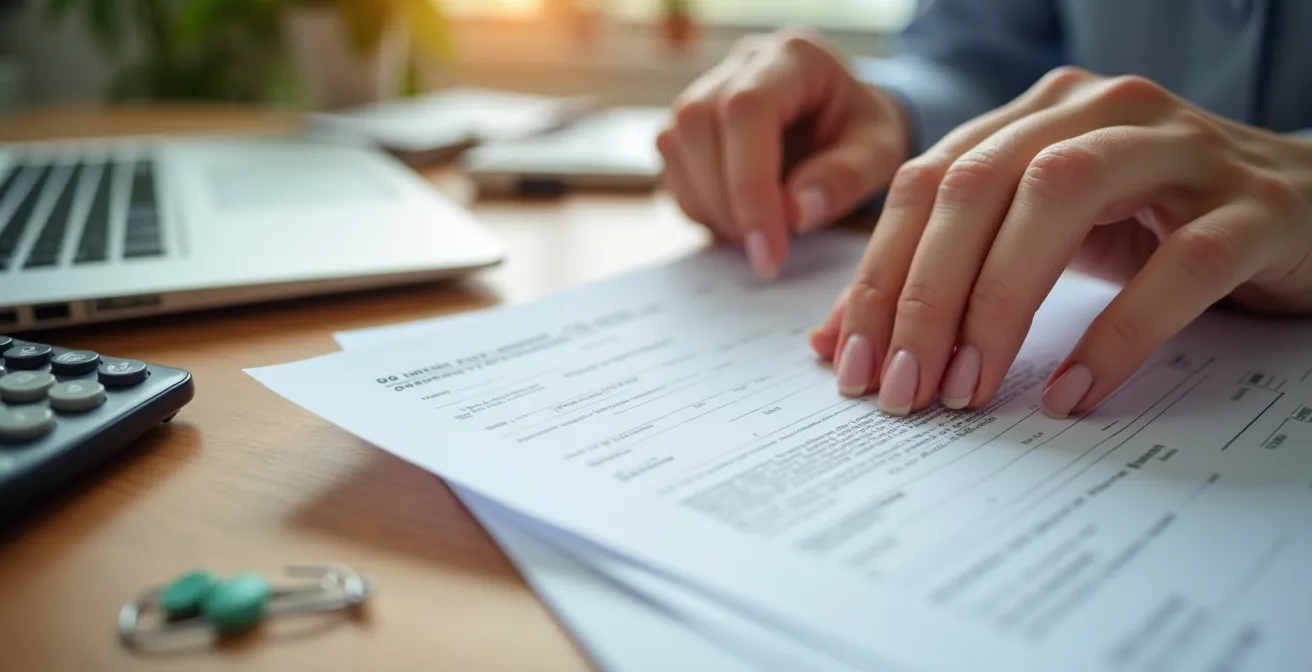 Gros plan sur des mains organisant des documents médicaux sur un bureau avec calculatrice