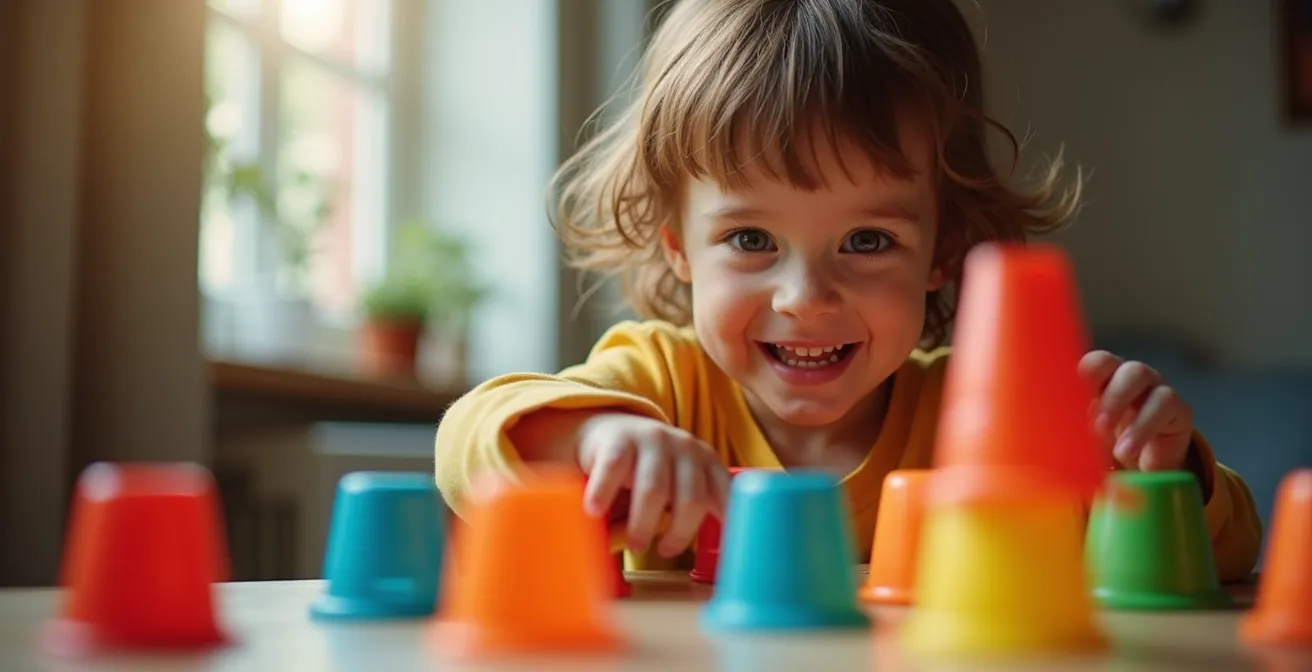 Enfant créant librement avec des gobelets en plastique colorés, illustrant le concept de jeu ouvert.