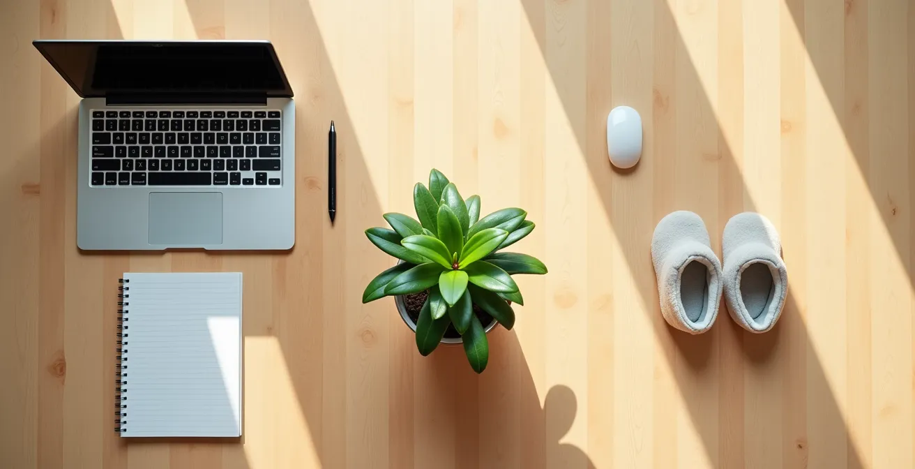 Espace de travail harmonieux avec éléments symbolisant l'équilibre entre vie professionnelle et parentale