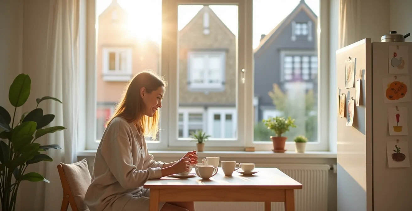 Femme belge en tenue décontractée partageant un moment de qualité avec sa famille