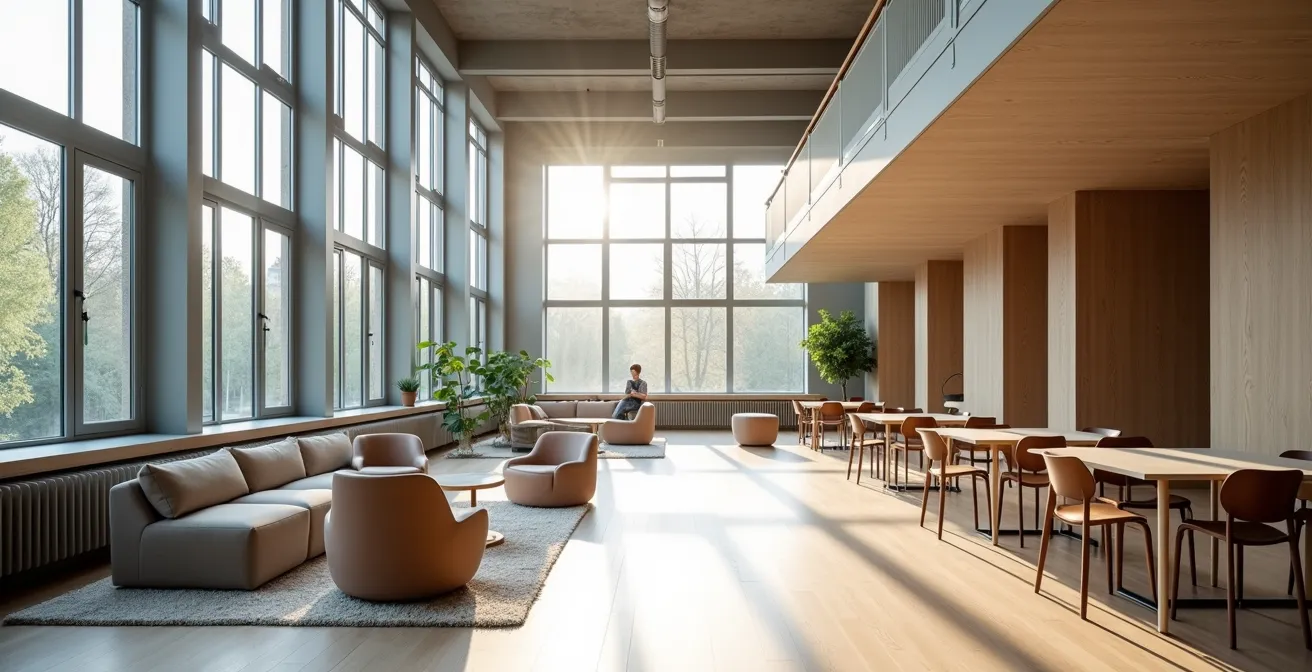 Vue large d'un espace de coworking moderne à Bruxelles avec architecture typique et lumière naturelle