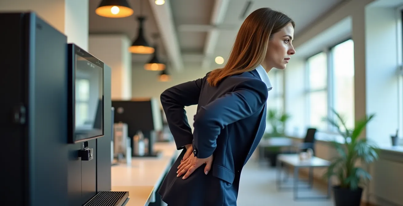 Professionnel effectuant des étirements discrets près d'une machine à café dans un bureau belge