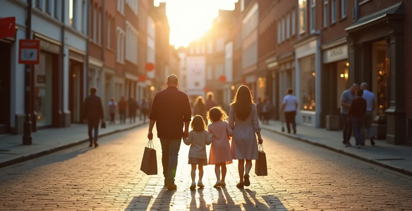 Famille marchant ensemble dans une rue commerçante belge