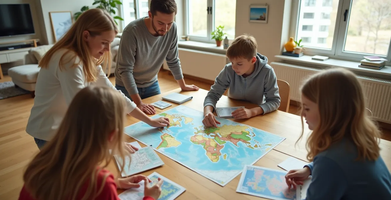 Famille réunie autour de cartes et guides de voyage sur une table, adolescents et parents planifiant ensemble