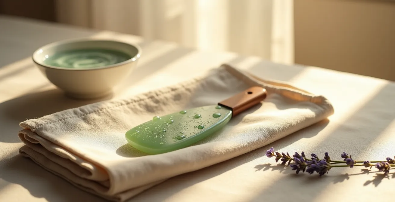 Pierre de gua sha en jade sur tissu de lin avec ombres douces du matin