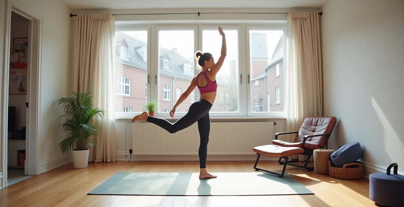 Femme pratiquant le HIIT dans son salon avec matériel esthétique minimaliste