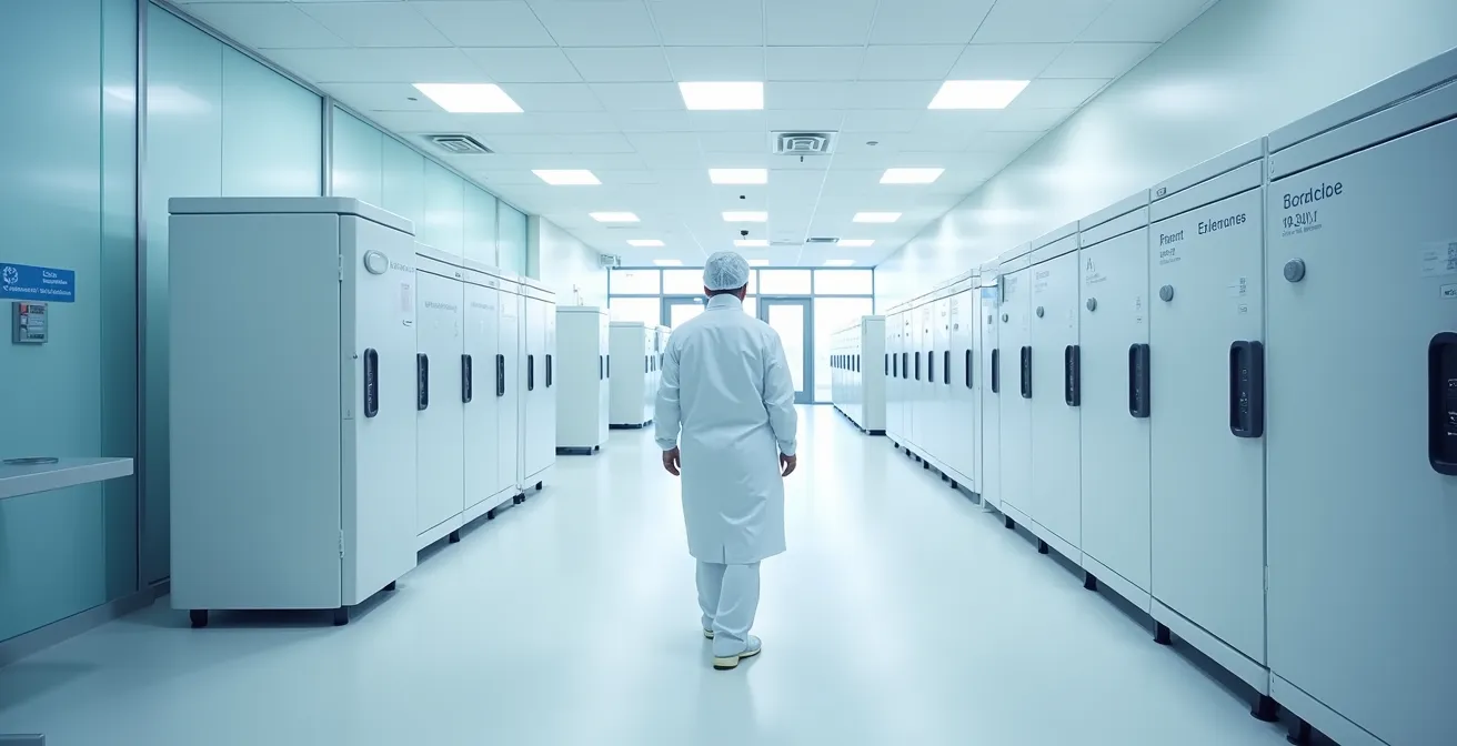 Vue d'un laboratoire de PMA moderne avec équipement de cryoconservation dans un hôpital belge