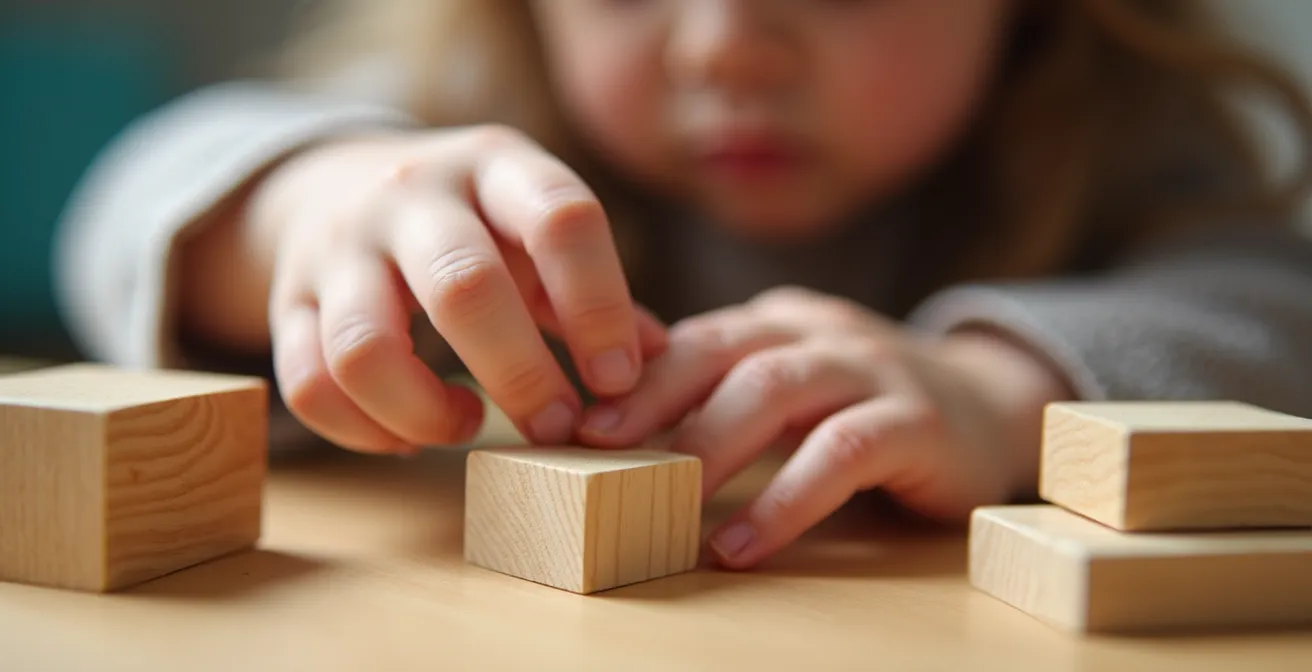 Gros plan sur les mains d'un enfant manipulant des cubes en bois avec détails de texture