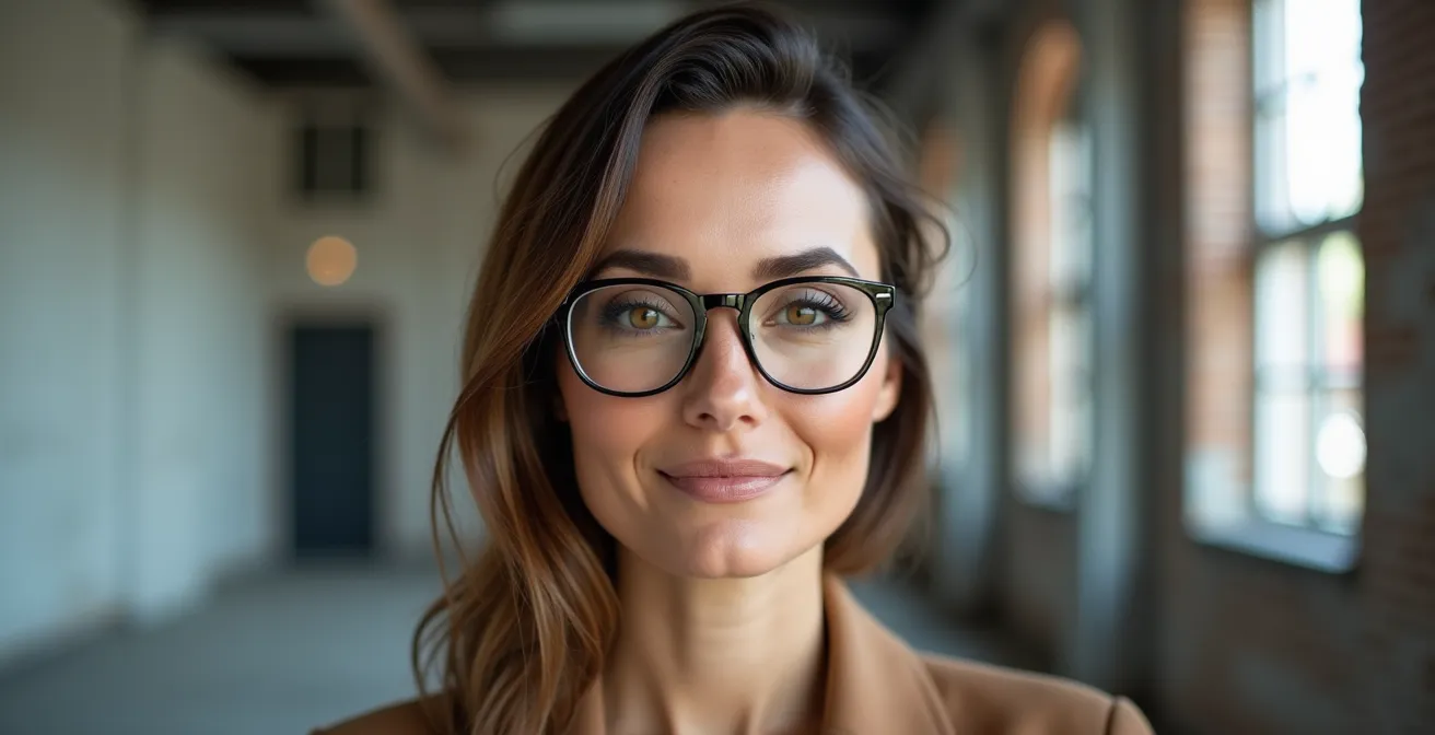 Portrait d'une femme portant des lunettes modernes avec un maquillage des yeux subtil et des sourcils bien définis