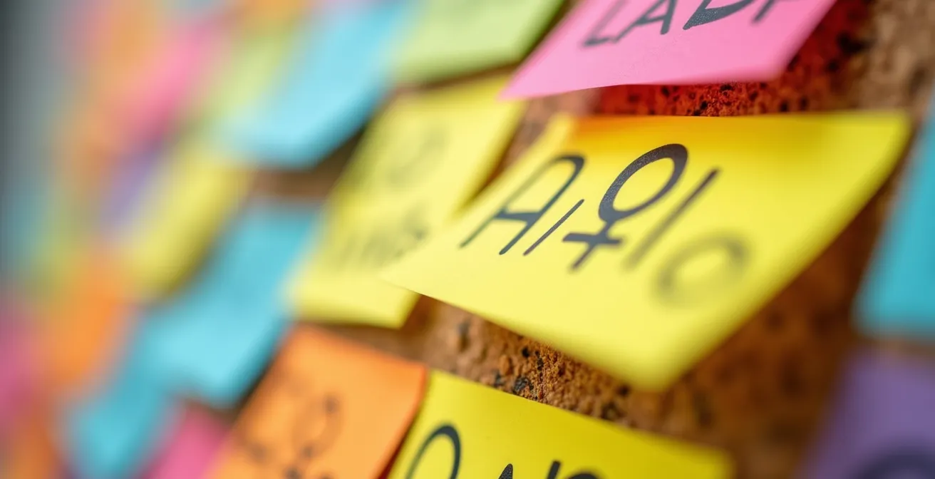 Vue macro de notes colorées organisées sur un tableau de planification familiale