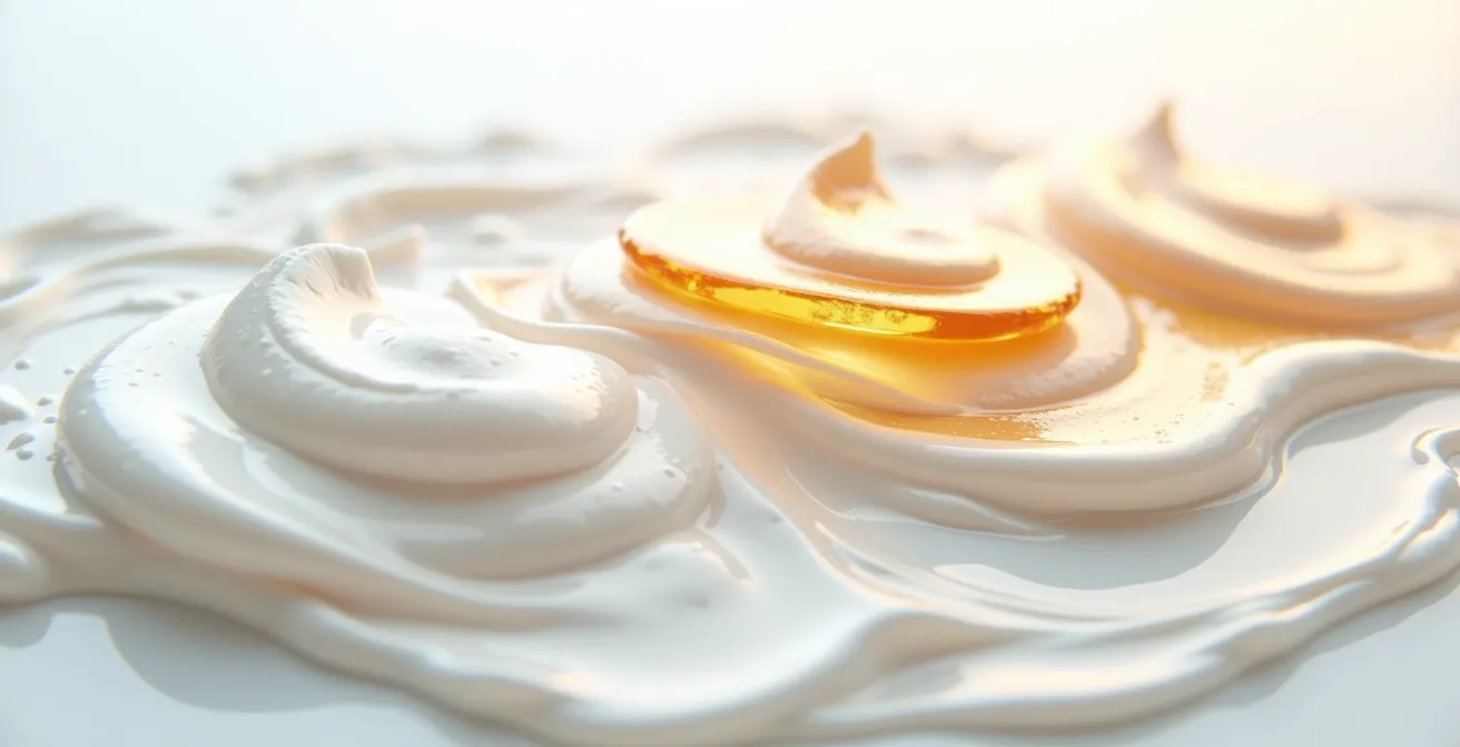 Texture de crème en trois couches superposées illustrant la méthode sandwich pour le rétinol