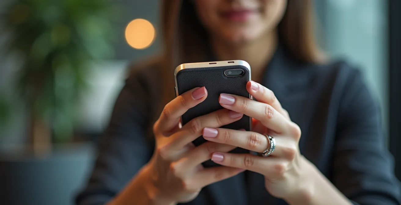 Gros plan sur des mains tenant un smartphone montrant des notifications réseau, arrière-plan flou bureau