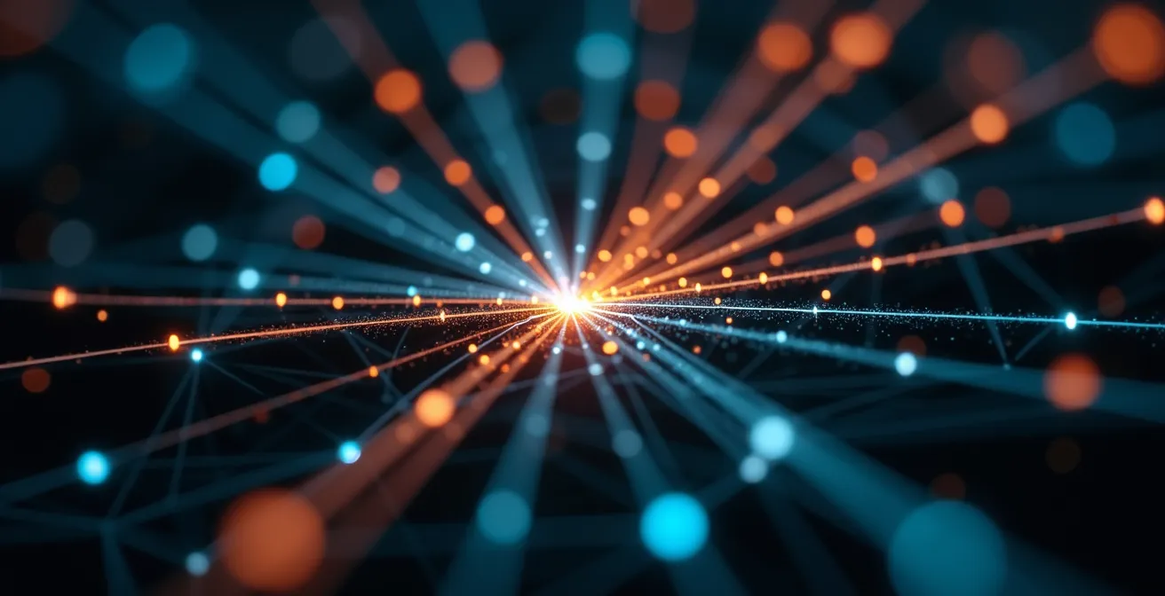 Vue macro abstraite de lignes organisationnelles représentant une structure d'entreprise