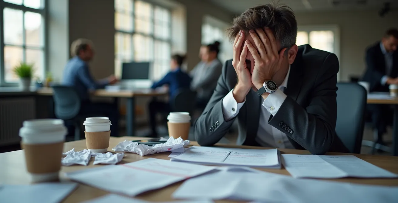 Professionnel épuisé dans un environnement de bureau avec signes visuels de surcharge de travail