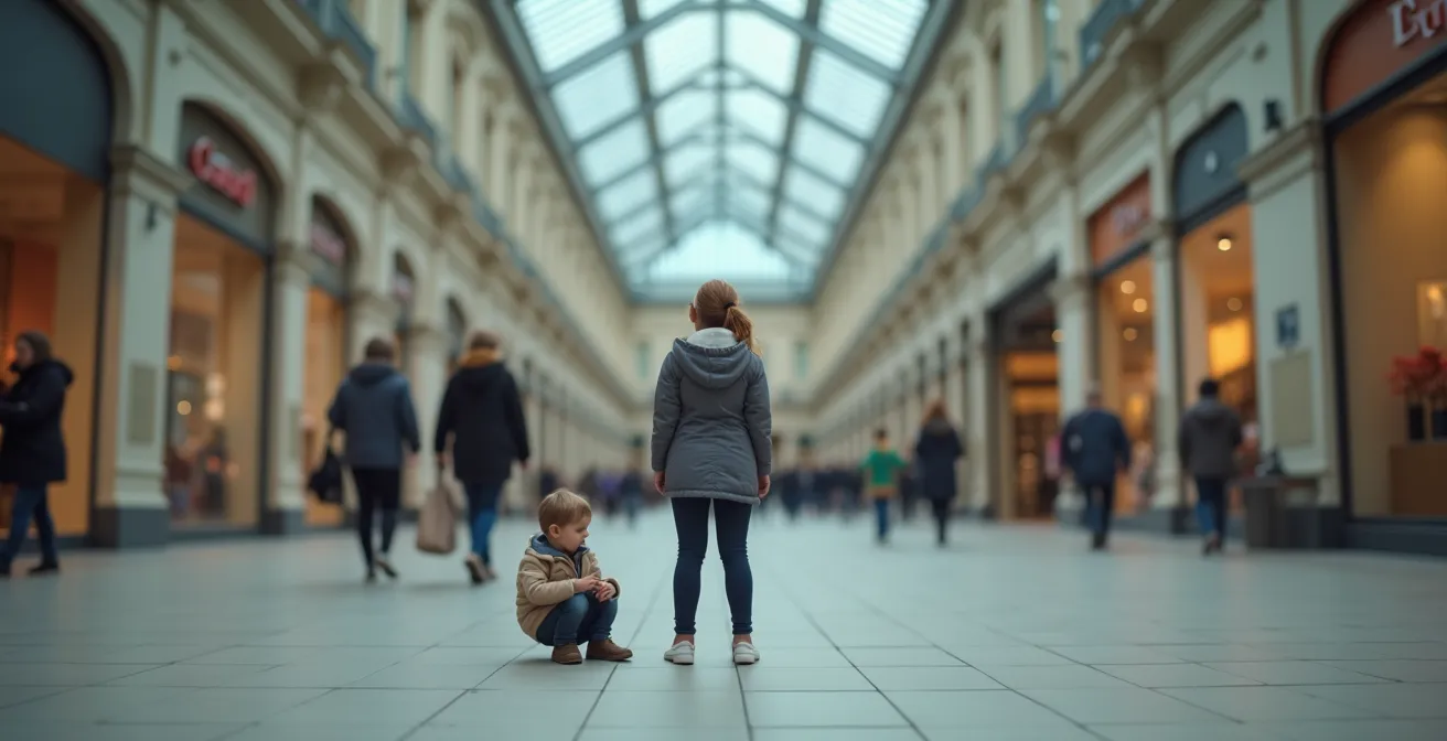 Parent gardant son calme face à une crise émotionnelle d'enfant dans un espace public
