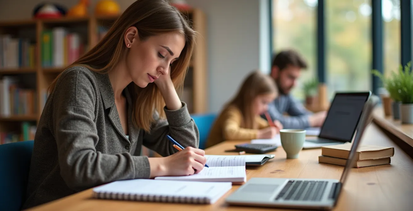Parent concentré étudiant dans une bibliothèque moderne belge avec espace enfants en arrière-plan