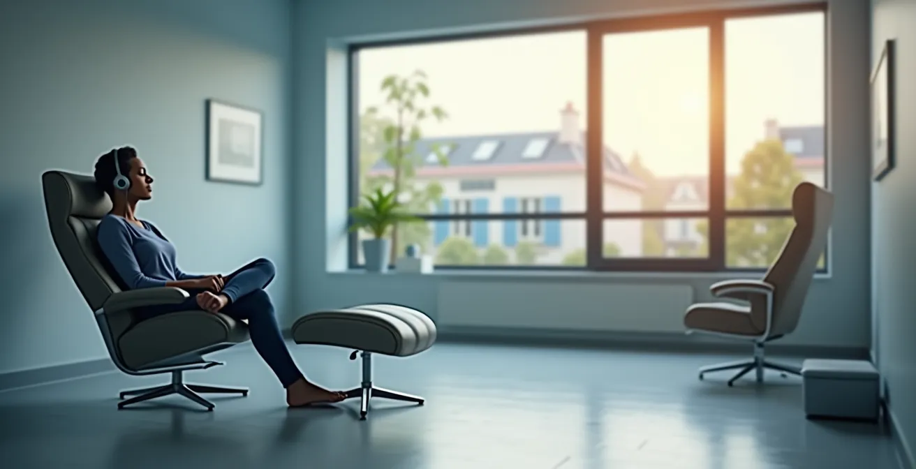 Patient utilisant des techniques de méditation guidée avec écouteurs dans un environnement médical apaisant