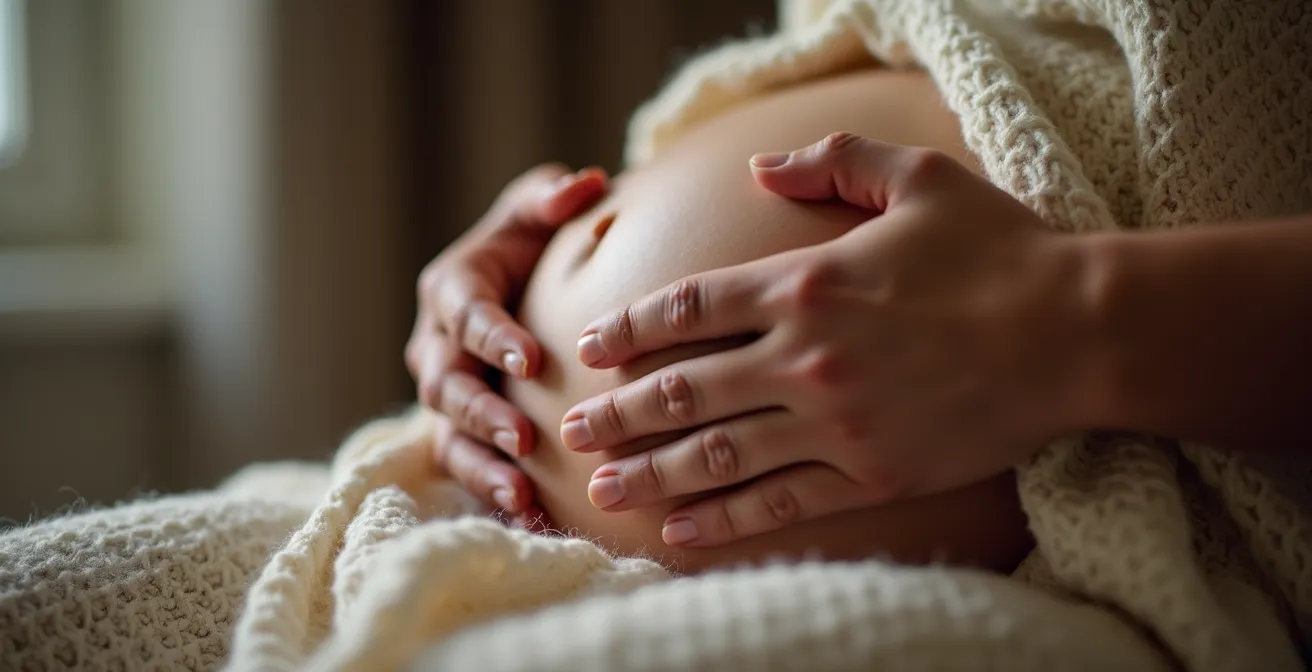 Père pratiquant l'haptonomie sur le ventre de sa compagne enceinte