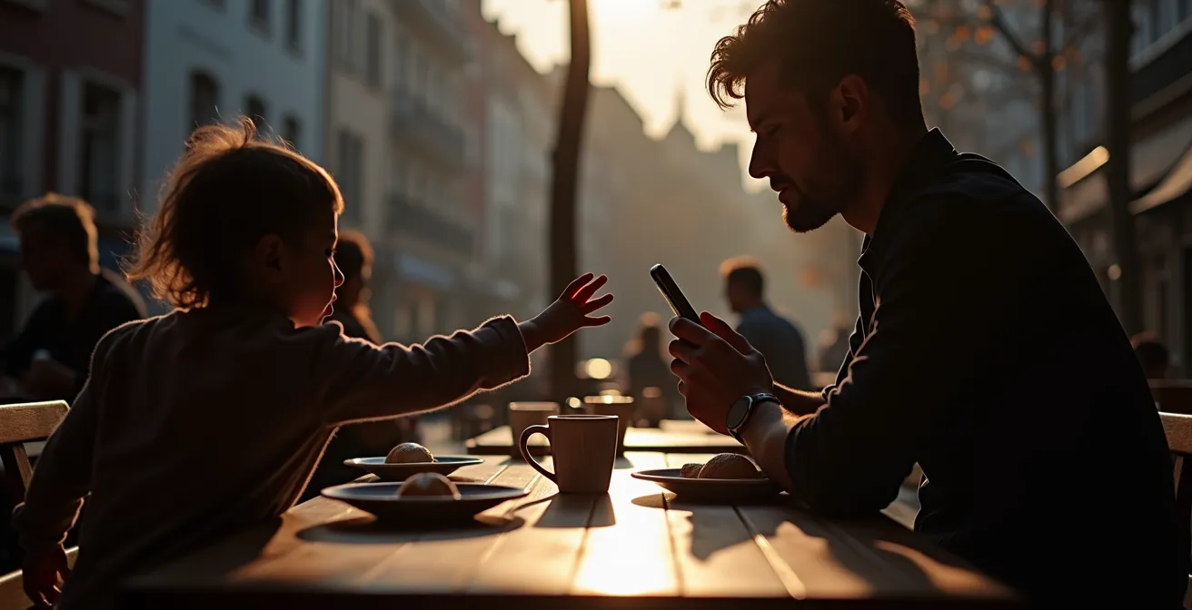 Parent consultant son téléphone pendant que l'enfant cherche son attention dans un café belge.