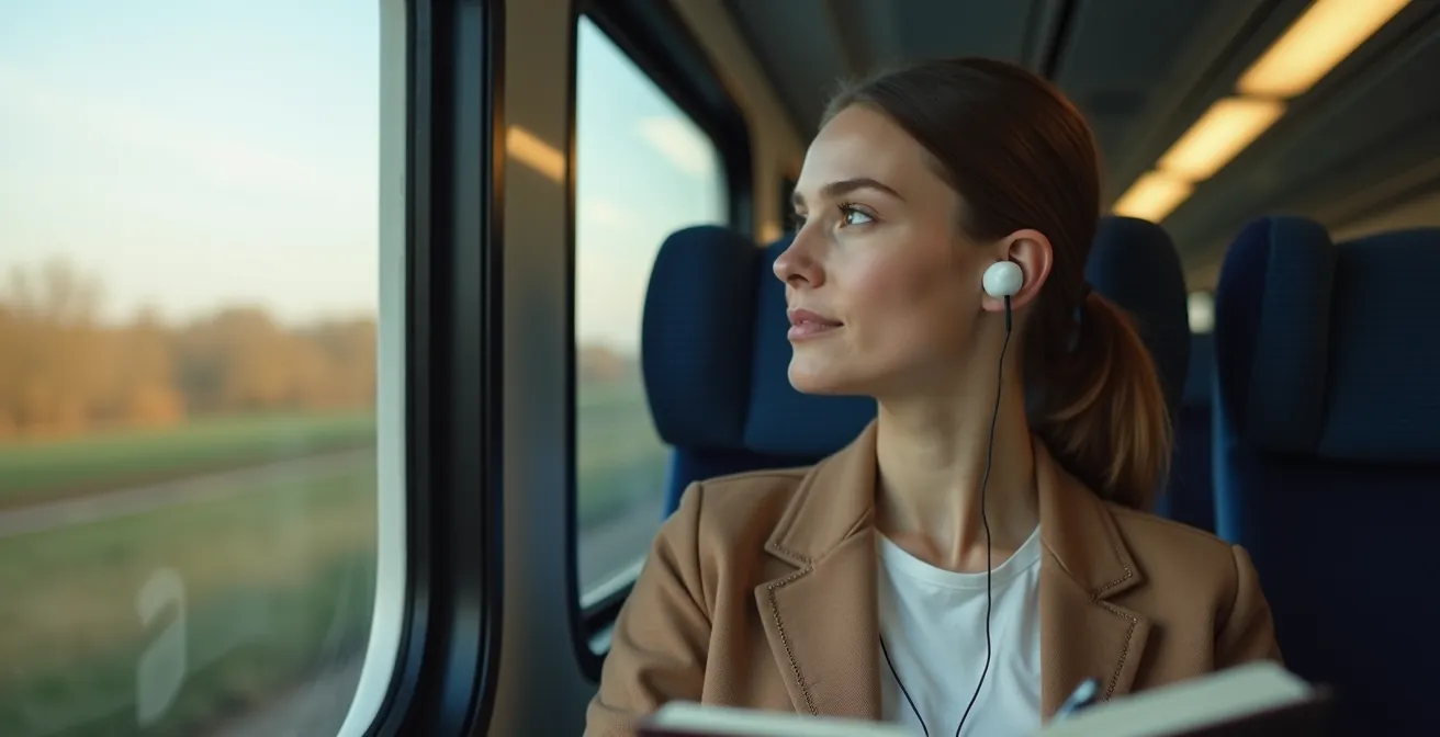 Femme avec écouteurs dans un train belge moderne regardant le paysage défiler