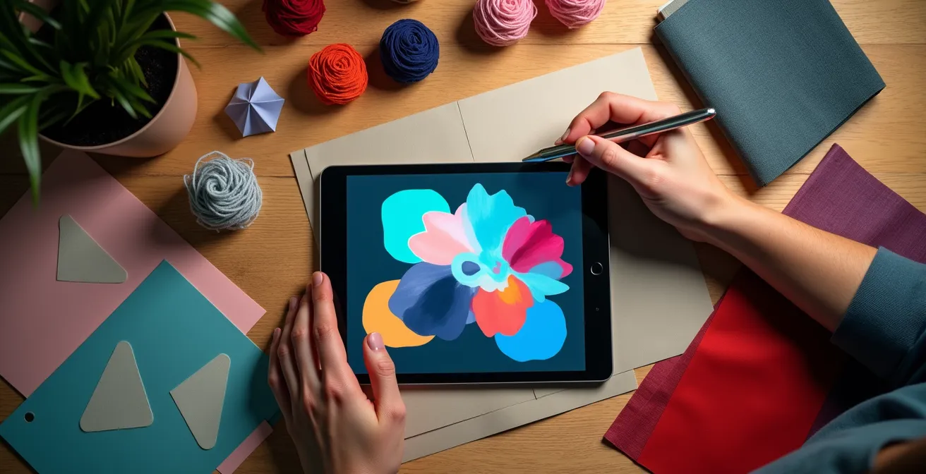 Designer de mode utilisant une tablette pour créer un moodboard numérique avec l'IA