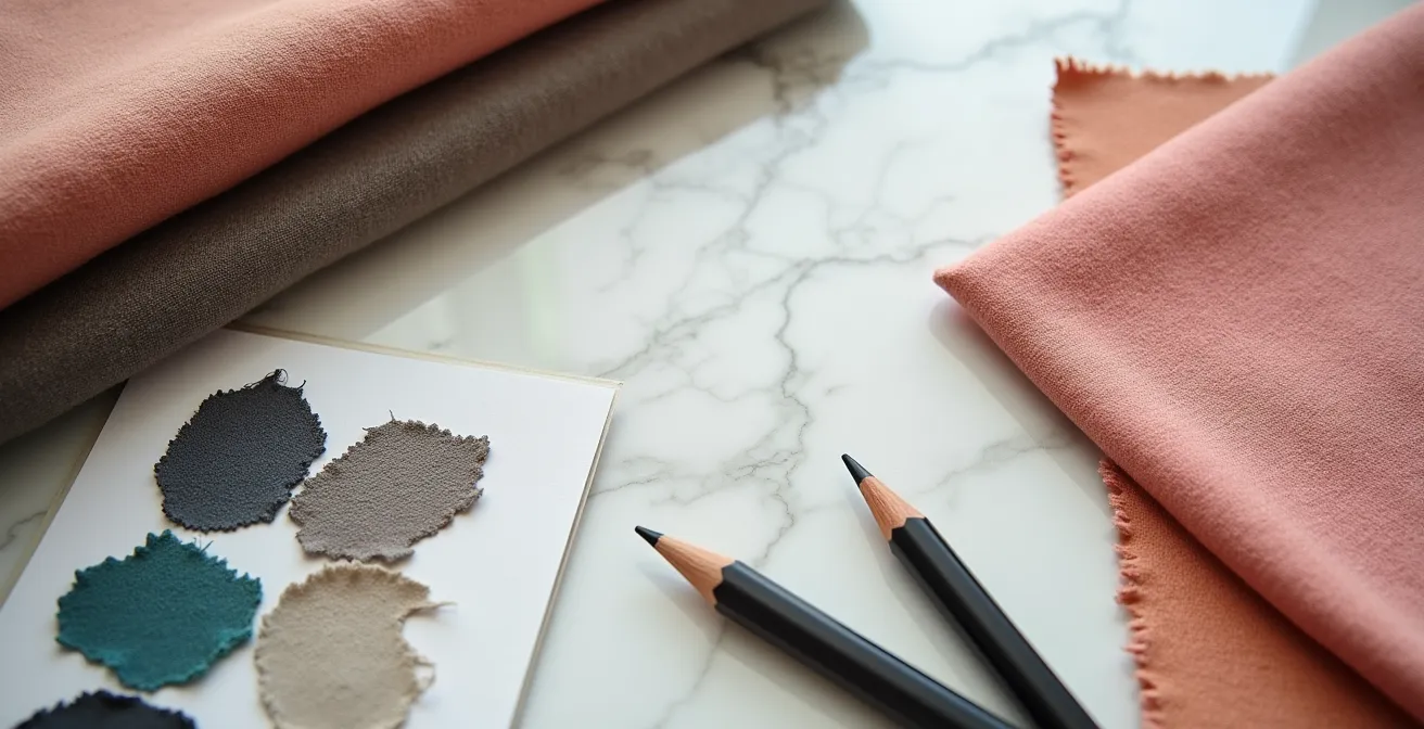 Vue rapprochée d'un espace de travail créatif avec carnet de croquis mode et échantillons de tissus