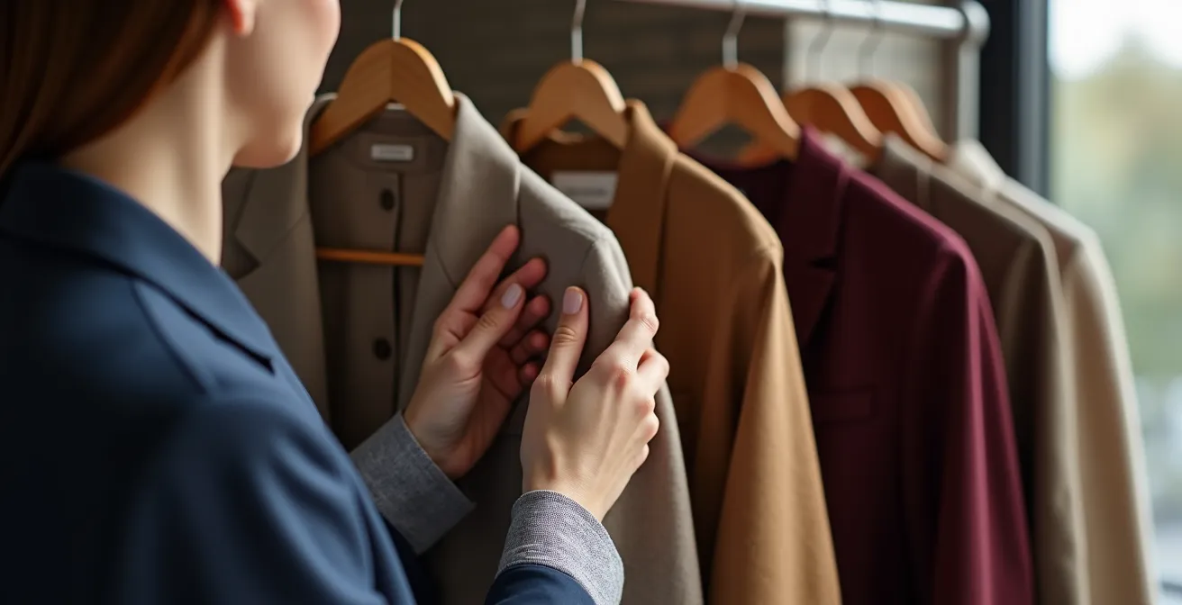 Femme belge choisissant sa tenue professionnelle dans un dressing organisé