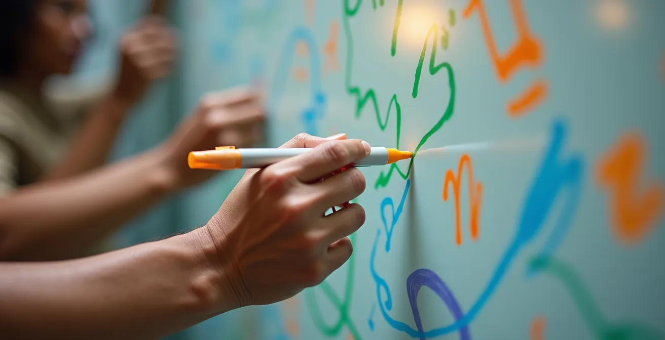 Mains diverses écrivant ensemble sur un tableau transparent avec des mots-clés inclusifs en arrière-plan