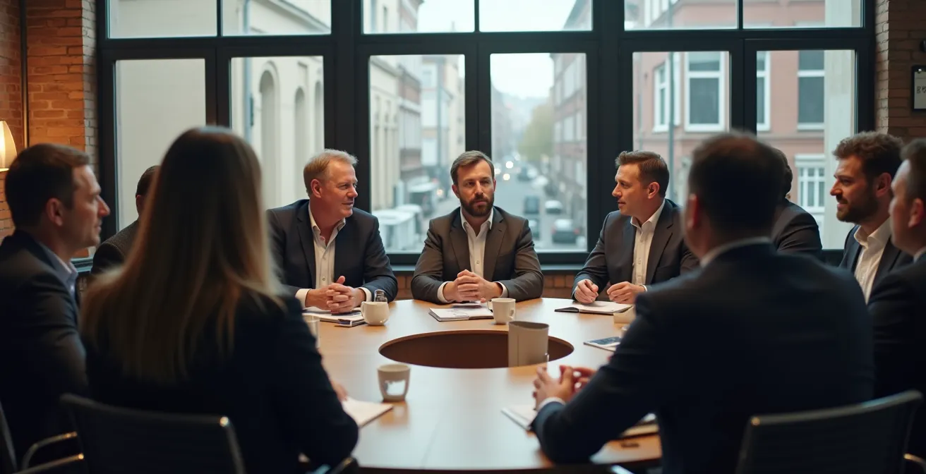Groupe de dirigeants belges en discussion lors d'une réunion de cercle d'affaires