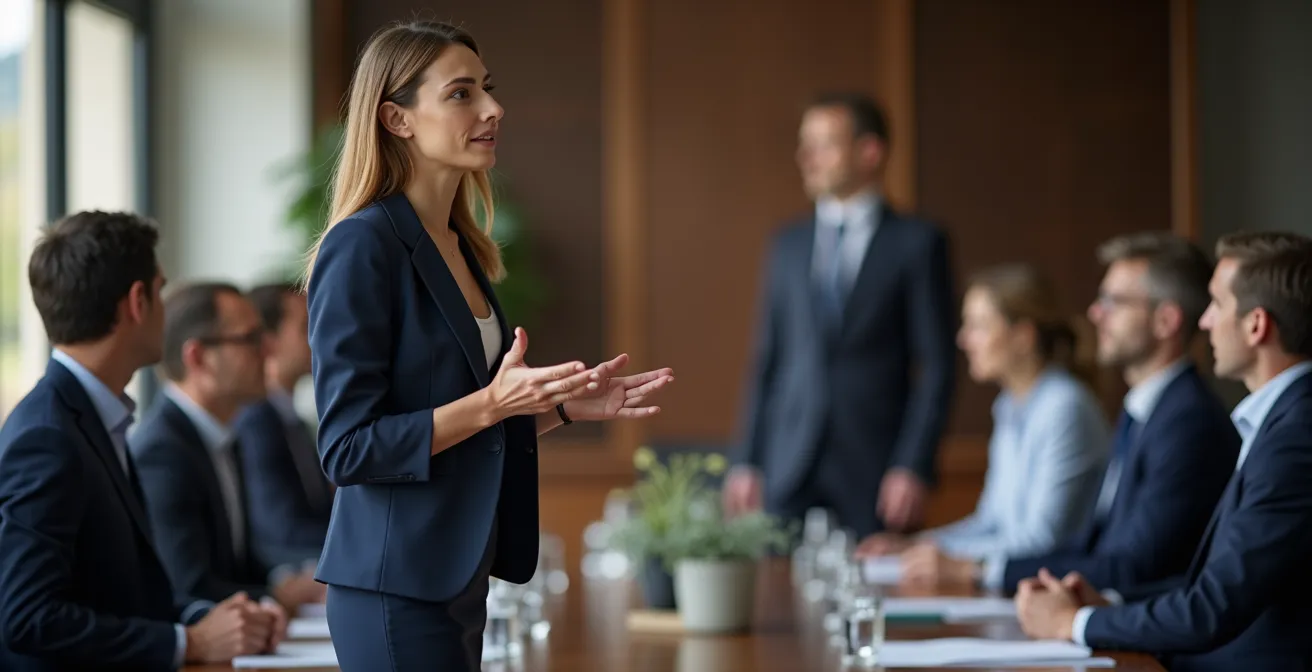 Femme présentant lors d'une réunion du conseil d'entreprise dans une salle de conférence belge