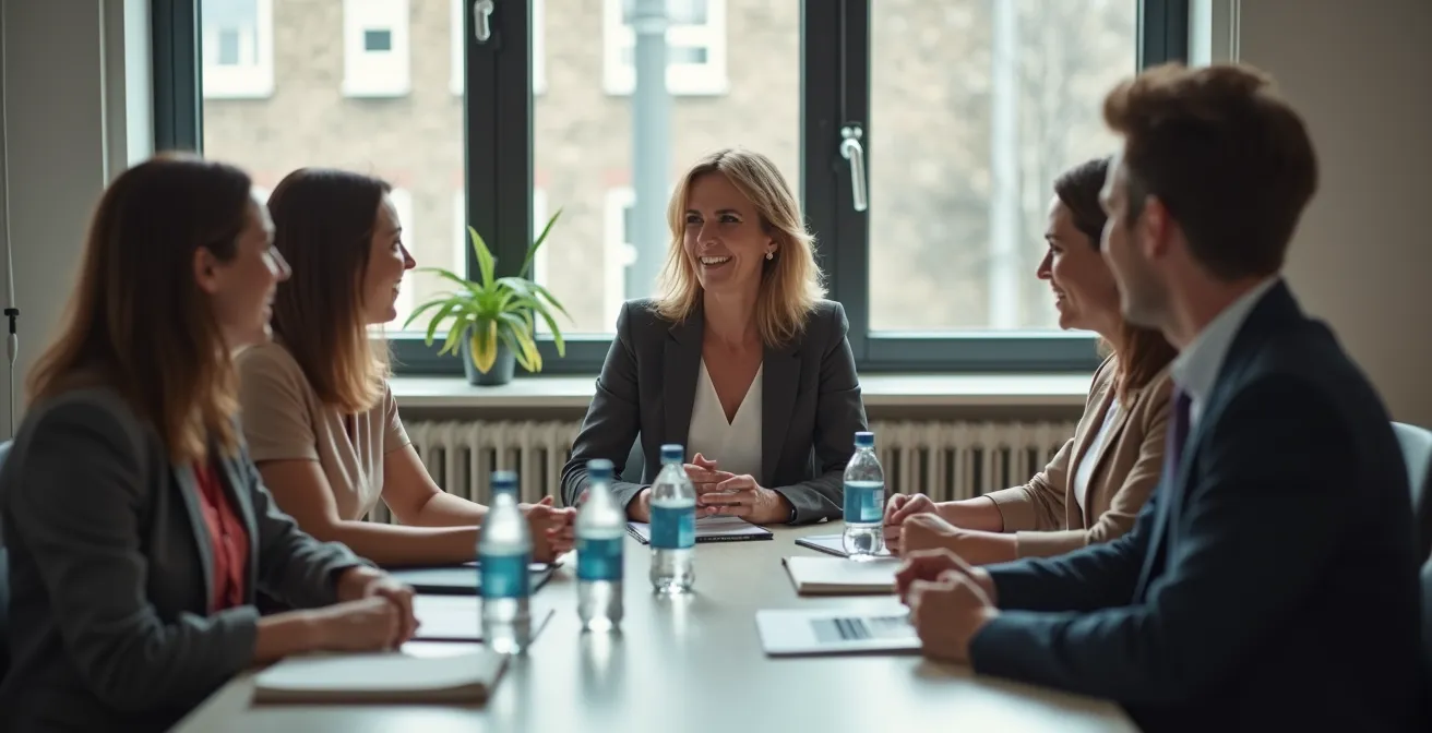 Une manager discutant avec son équipe lors d'une réunion dans un bureau belge