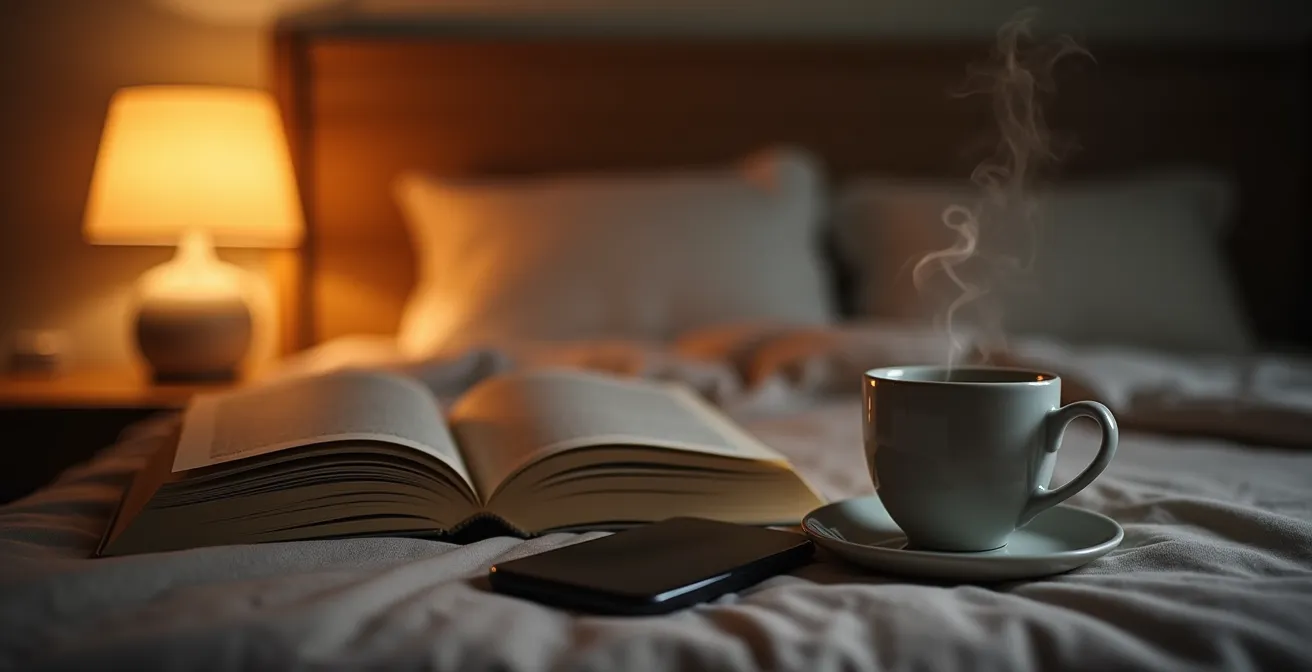 Chambre apaisante avec livre et tisane, smartphone éteint sur table de chevet