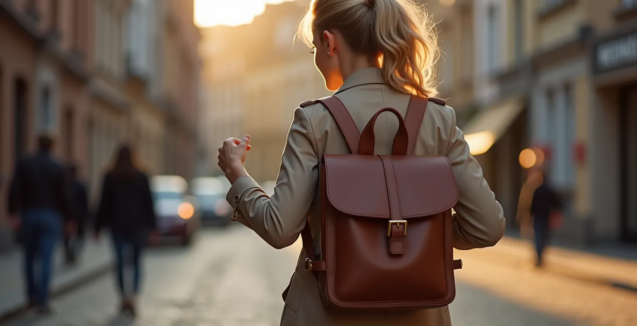 Sac à dos élégant en cuir sur un vélo dans une rue pavée de Bruxelles