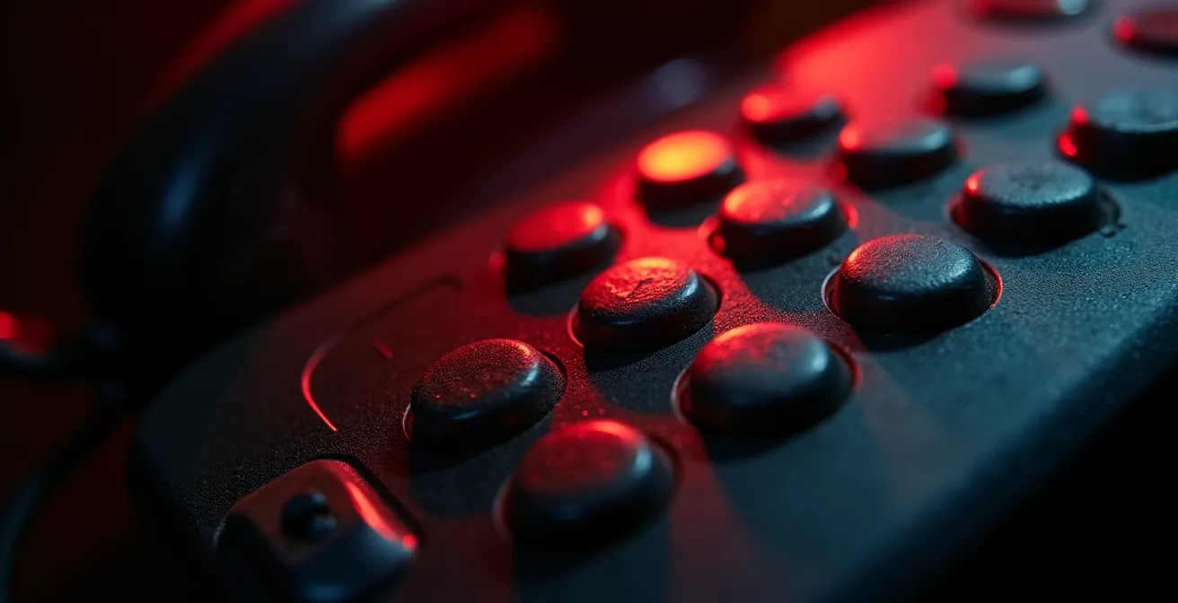 Vue macro d'un téléphone d'urgence avec reflets lumineux suggérant l'urgence médicale